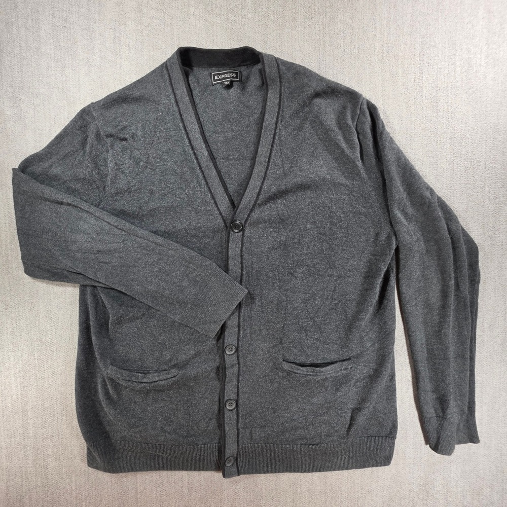Express Cardigan Sweater Mens XL Gray Cotton Button Front V-Neck Pocket